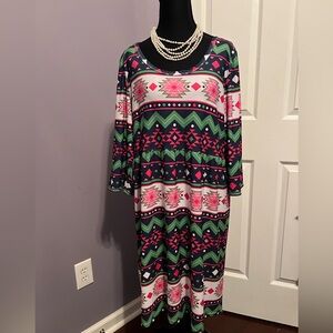 Lolly Wolly Doodle 100% Cotton Pink & Green Aztec Midi Dress made in USA XL